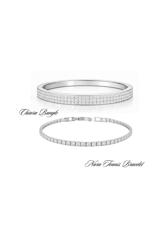 Chiara Bangle & Nara Tennis Bracelet Set- Silver